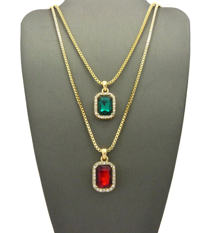 nyfashion101 Micro Faux Ruby & Faux Emerald Stone Pendant Set 2mm 24" & 30" Box Chain Necklace in Gold-Tone