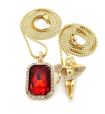 Nyfashion101 Micro Faux Ruby & Pave Floating Angel Pendant 2mm 24" 30" Box Chain Necklace Set - Gold-Tone