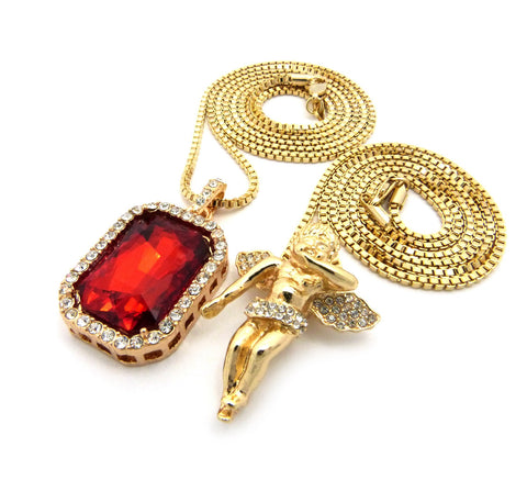 Nyfashion101 Micro Faux Ruby & Pave Floating Angel Pendant 2mm 24" 30" Box Chain Necklace Set - Gold-Tone