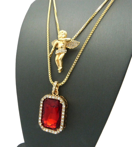 Nyfashion101 Micro Faux Ruby & Pave Floating Angel Pendant 2mm 24" 30" Box Chain Necklace Set - Gold-Tone
