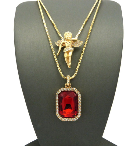 nyfashion101 Micro Faux Ruby & Pave Floating Angel Pendant 2mm 24" 30" Box Chain Necklace Set - Gold-Tone