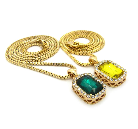 Nyfashion101 Micro Yellow & Faux Emerald Stone Pendant Set 2mm 24" & 30" Box Chain Necklace In Gold-Tone