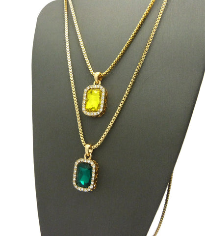Nyfashion101 Micro Yellow & Faux Emerald Stone Pendant Set 2mm 24" & 30" Box Chain Necklace In Gold-Tone