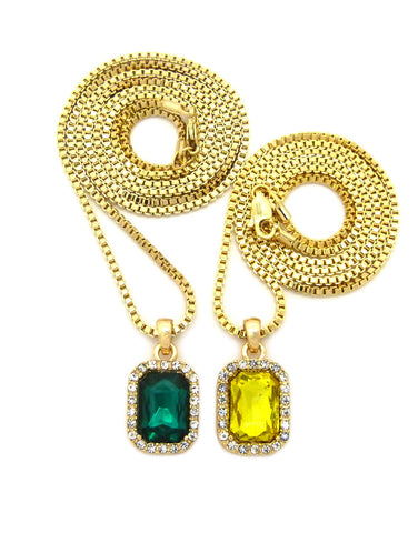 Nyfashion101 Micro Yellow & Faux Emerald Stone Pendant Set 2mm 24" & 30" Box Chain Necklace In Gold-Tone