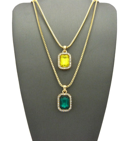 nyfashion101 Micro Yellow & Faux Emerald Stone Pendant Set 2mm 24" & 30" Box Chain Necklace in Gold-Tone