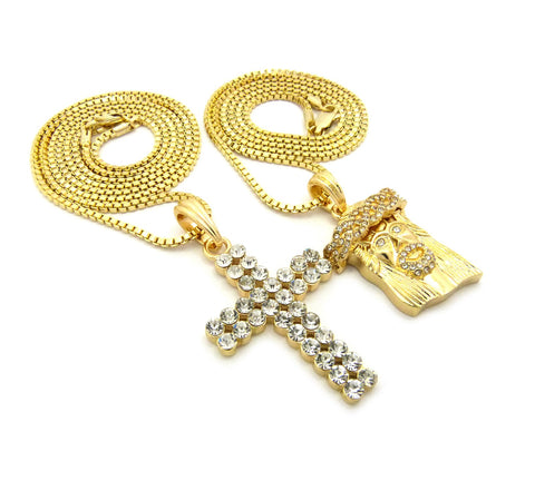 Nyfashion101 Mirco Jesus Face & 2 Row Stone Cross Pendant Set W/ 24" & 30" Box Chain Necklaces In Gold-Tone