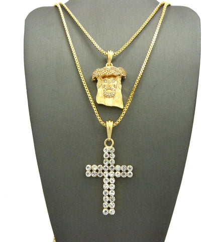 Nyfashion101 Mirco Jesus Face & 2 Row Stone Cross Pendant Set W/ 24" & 30" Box Chain Necklaces In Gold-Tone