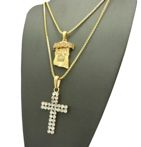 Nyfashion101 Mirco Jesus Face & 2 Row Stone Cross Pendant Set W/ 24" & 30" Box Chain Necklaces In Gold-Tone