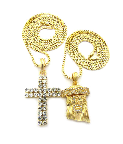 nyfashion101 Mirco Jesus Face & 2 Row Stone Cross Pendant Set w/ 24" & 30" Box Chain Necklaces in Gold-Tone