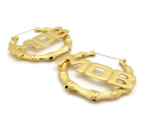 Nyfashion101 MOB Charm Bamboo Door Knocker Hoop Pincatch Earrings Gold-Tone