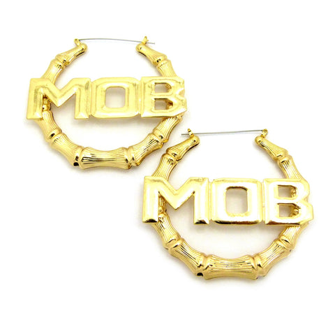 nyfashion101 MOB Charm Bamboo Door Knocker Hoop Pincatch Earrings Gold-Tone