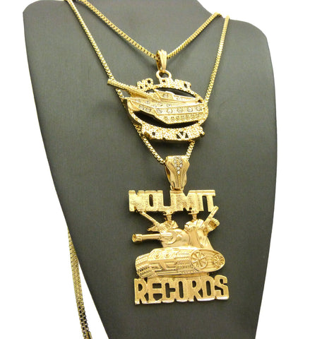Nyfashion101 No Limit Forever & No Limit Records Tank Pendant Set W/ 2mm 24" & 30" Box Chain Necklaces In Gold-Tone