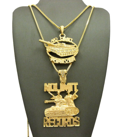 nyfashion101 No Limit Forever & No Limit Records Tank Pendant Set w/ 2mm 24" & 30" Box Chain Necklaces in Gold-Tone