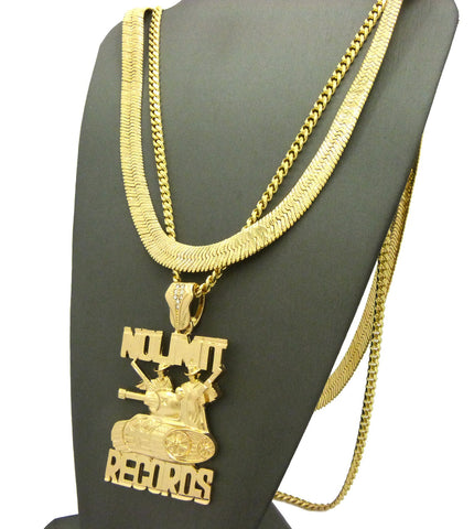 Nyfashion101 No Limit Records Tank Pendant On Cuban Chain With No Limit Printed Herringbone Chain In Gold-Tone