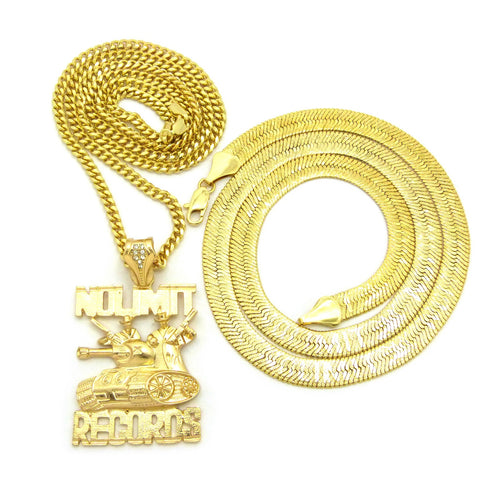 Nyfashion101 No Limit Records Tank Pendant On Cuban Chain With No Limit Printed Herringbone Chain In Gold-Tone