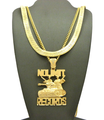 nyfashion101 No Limit Records Tank Pendant on Cuban Chain with No Limit Printed Herringbone Chain in Gold-Tone