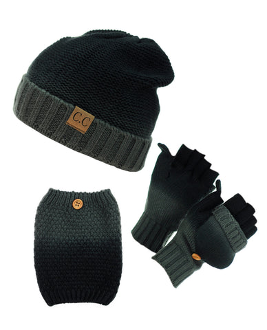 Nyfashion101 NYfashion101 Exclusive 3 Piece Two Tone Boot Cuff Beanie & Mitten Set