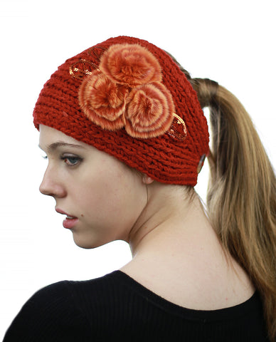 Nyfashion101 NYFASHION101 Hand Knitted Furry Flowers Winter Headband Headwrap