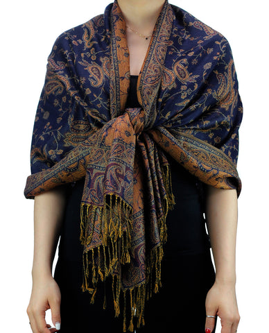Nyfashion101 NYFASHION101 Large Soft Double Layer Jacquard Paisley Print Scarf Shawl Wrap- Navy