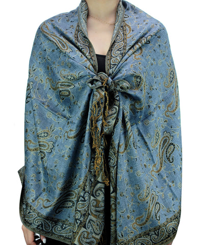 Nyfashion101 NYFASHION101 Large Soft Double Layer Jacquard Paisley Print Scarf Shawl Wrap- Light Blue