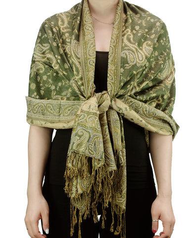 Nyfashion101 NYFASHION101 Large Soft Double Layer Jacquard Paisley Print Scarf Shawl Wrap- Olive