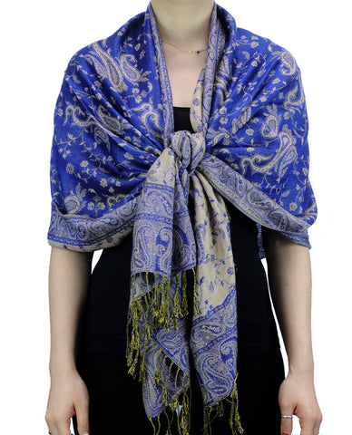 Nyfashion101 NYFASHION101 Large Soft Double Layer Jacquard Paisley Print Scarf Shawl Wrap- Royal Blue