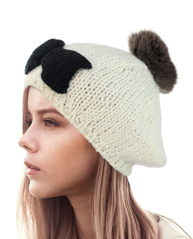 nyfashion101 NYfashion101 Soft Pom Pom Two Tone Handmade Bow Knit Beanie Hat nyfashion101 NYfashion101 Soft Pom Pom Two Tone Handmade Bow Knit Beanie Hat