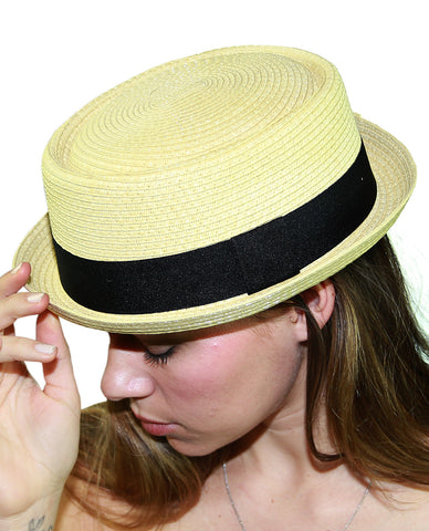 Nyfashion101 NYfashion101 Straw Woven Band Accent Flat Top Porkpie Fedora Hat