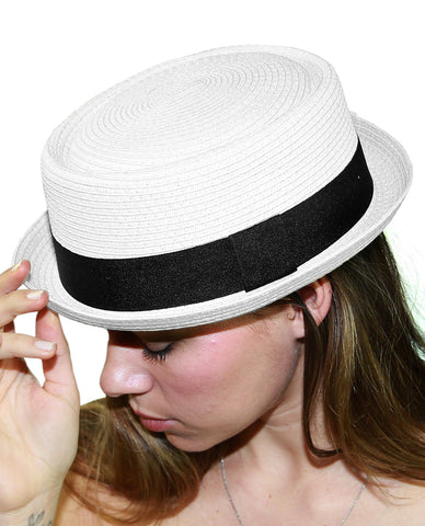 Nyfashion101 NYfashion101 Straw Woven Band Accent Flat Top Porkpie Fedora Hat