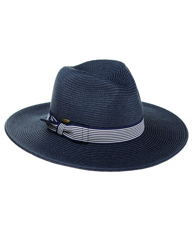 Nyfashion101 NYFASHION101 Striped Ribbon Band Teardrop Dent Panama Fedora Sun Hat