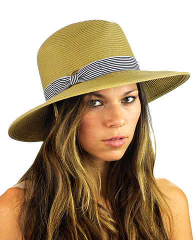 Nyfashion101 NYFASHION101 Striped Ribbon Band Teardrop Dent Panama Fedora Sun Hat