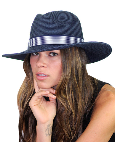 nyfashion101 NYFASHION101 Striped Ribbon Band Teardrop Dent Panama Fedora Sun Hat