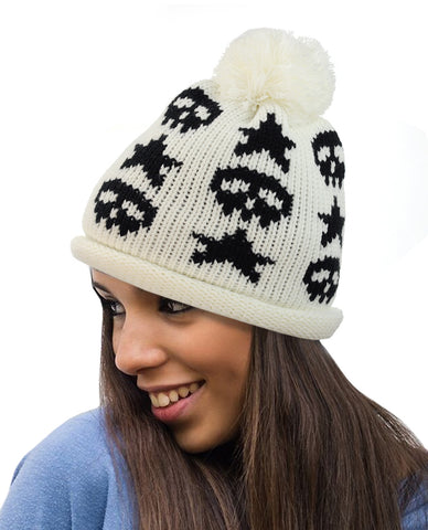 nyfashion101 NYfashion101 Two Tone Handmade Skull & Star Knitted Pom Pom Beanie Hat