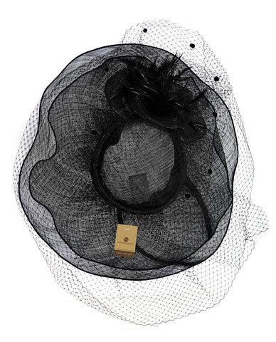 Nyfashion101 NYFASHION101 Wavy Wide Brim Veil & Feather Kentucky Derby Sinamay Hat