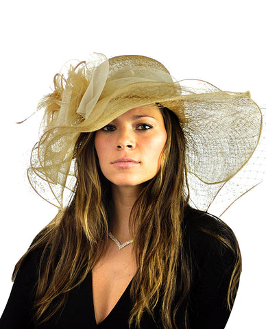Nyfashion101 NYFASHION101 Wavy Wide Brim Veil & Feather Kentucky Derby Sinamay Hat