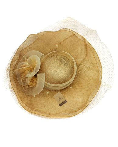 Nyfashion101 NYFASHION101 Wavy Wide Brim Veil & Feather Kentucky Derby Sinamay Hat