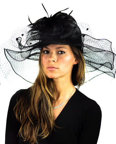 nyfashion101 NYFASHION101 Wavy Wide Brim Veil & Feather Kentucky Derby Sinamay Hat