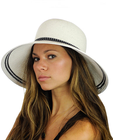 Nyfashion101 NYFASHION101 Women's Dotted Band Two Tone Weaved Trim Floppy Sun Hat