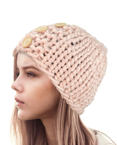 nyfashion101 NYfashion101 Wood Button Accent Handmade Big Loop Winter Knit Beanie Hat