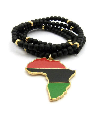 Nyfashion101 Pan Africa Continent Pendant W/6mm 30" Black Wood Bead Color Disc Necklace RD/BK/GR Gold-Tone