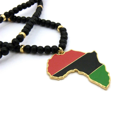 Nyfashion101 Pan Africa Continent Pendant W/6mm 30" Black Wood Bead Color Disc Necklace RD/BK/GR Gold-Tone