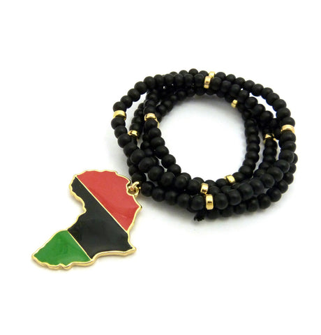 nyfashion101 Pan Africa Continent Pendant w/6mm 30" Black Wood Bead Color Disc Necklace RD/BK/GR Gold-Tone