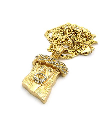Nyfashion101 Paved Crowned Jesus Micro Pendant W/ 24" Mariner Chain - Gold Tone MMP5GGC