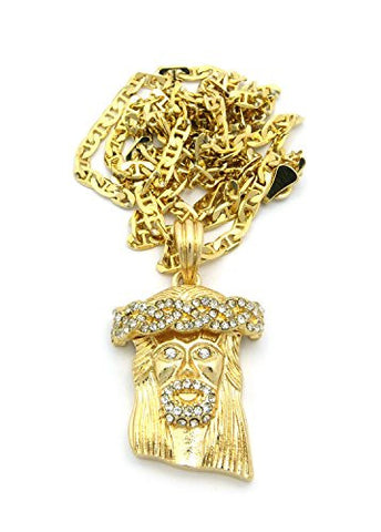 Nyfashion101 Paved Crowned Jesus Micro Pendant W/ 24" Mariner Chain - Gold Tone MMP5GGC