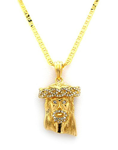 nyfashion101 Paved Crowned Jesus Micro Pendant w/ 24" Mariner Chain - Gold Tone MMP5GGC