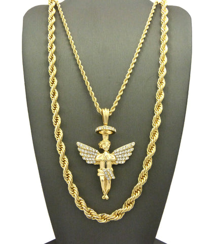 nyfashion101 Pendant with 3mm 24" Rope Chain and 6mm 30" Rope Chain Necklace in Gold-Tone