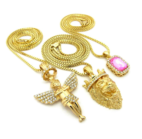 Nyfashion101 Pink Stone Halo Angel & King Lion Pendant Set W/ Multi Length Box Chains In Gold-Tone
