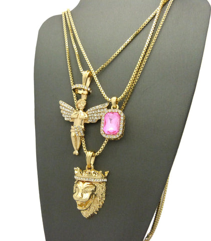 Nyfashion101 Pink Stone Halo Angel & King Lion Pendant Set W/ Multi Length Box Chains In Gold-Tone