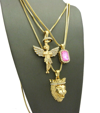Nyfashion101 Pink Stone Halo Angel & King Lion Pendant Set W/ Multi Length Box Chains In Gold-Tone