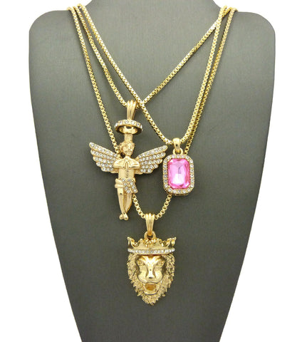 nyfashion101 Pink Stone Halo Angel & King Lion Pendant Set w/ Multi Length Box Chains in Gold-Tone